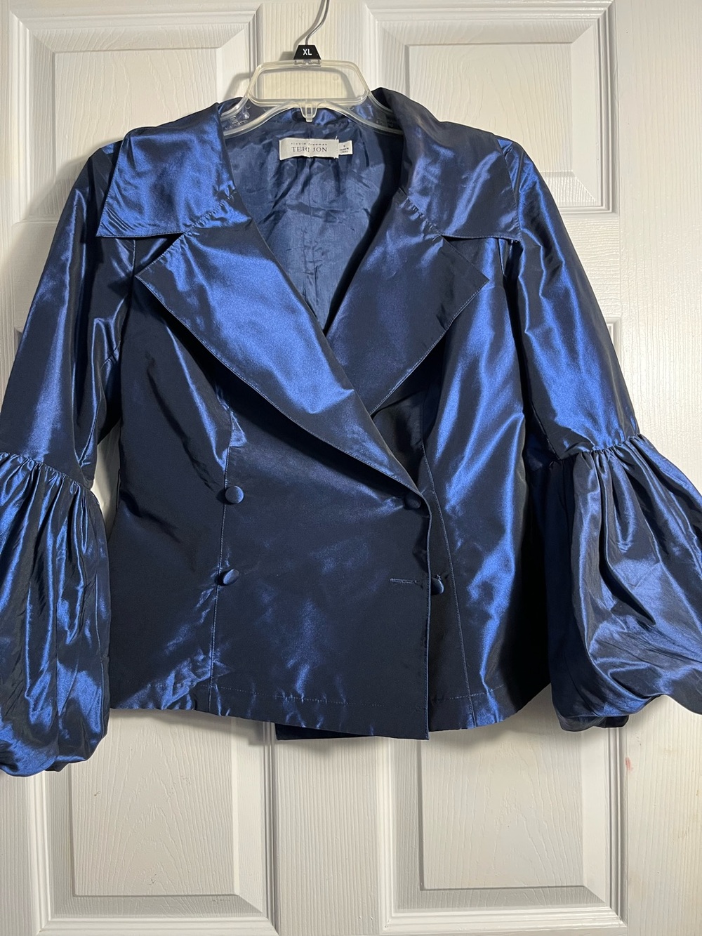 Teri Jon Navy Satin Double-Breasted Jacket with Puff Sleeves 6